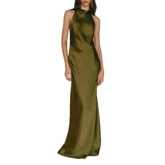 Reformation Dresses & Skirts - Reformation Olive Green Satin Halter Maxi Dress